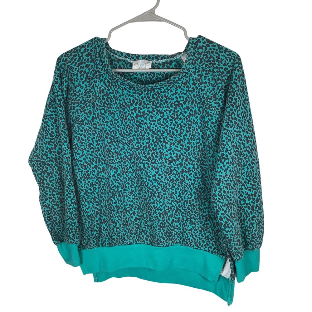 Jun & Ivy Womens Teal Black Cheetah Print Raglan Sleeve Pullover Sweatshirt S